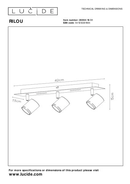Lucide RILOU - Ceiling spotlight - LED Dim. - GU10 - 3x5W 3000K - White - technical